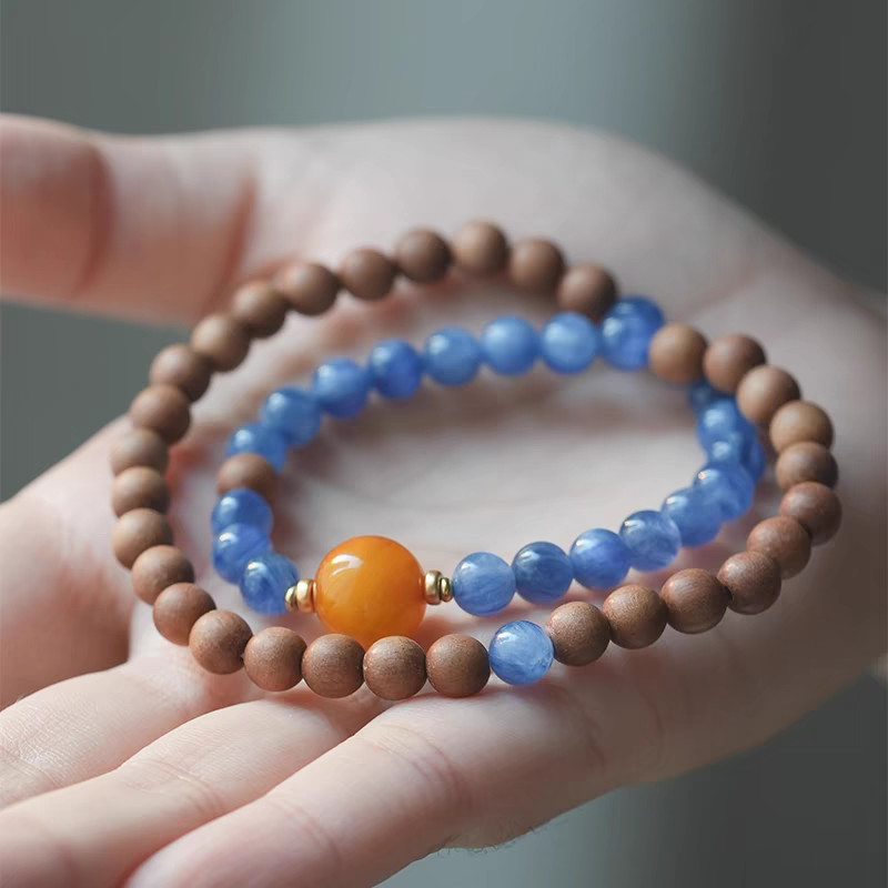 Lan Yu Feng Shui Bracelet – Handmade Sandalwood, Kyanite & Amber Mala Beads for Wealth, Protection & Spiritual Balance