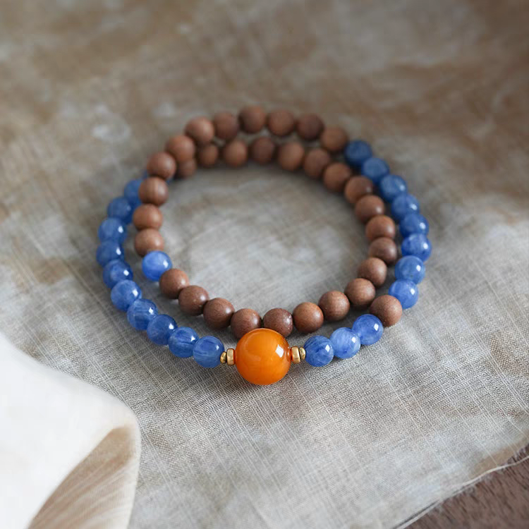 Lan Yu Feng Shui Bracelet – Handmade Sandalwood, Kyanite & Amber Mala Beads for Wealth, Protection & Spiritual Balance