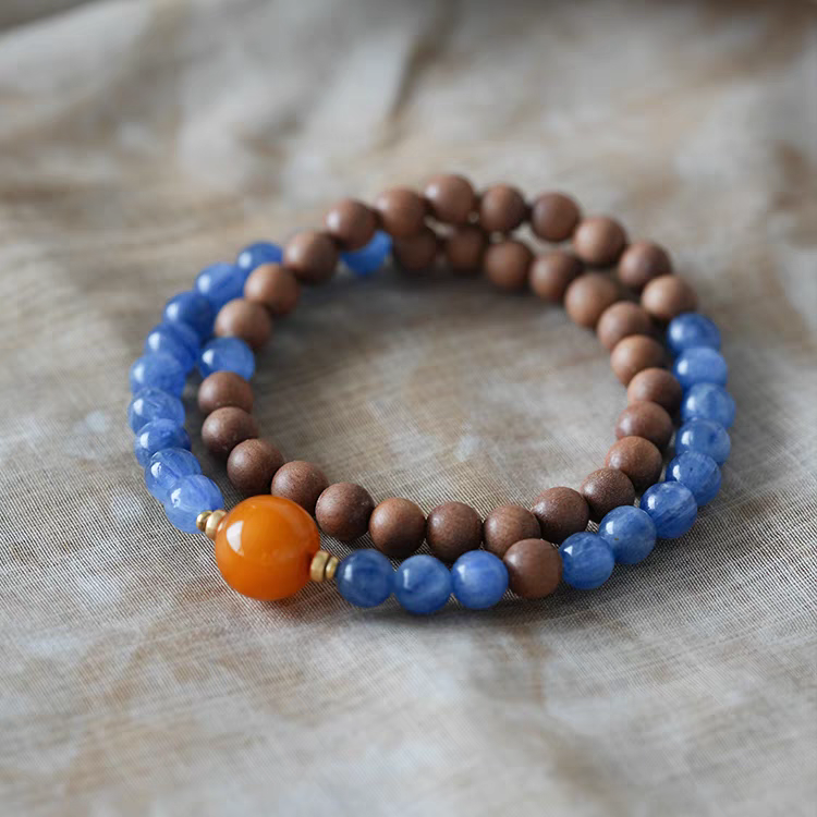 Lan Yu Feng Shui Bracelet – Handmade Sandalwood, Kyanite & Amber Mala Beads for Wealth, Protection & Spiritual Balance