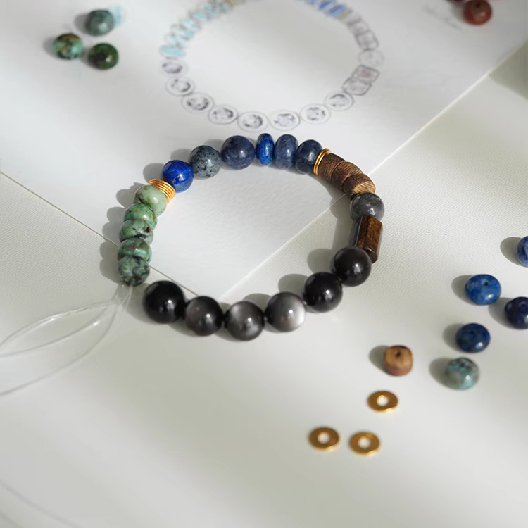 Close-up of Lapis Lazuli and Green Jasper beads in Earth & Sky Energy Bracelet – Promoting clarity, healing, and vitality.