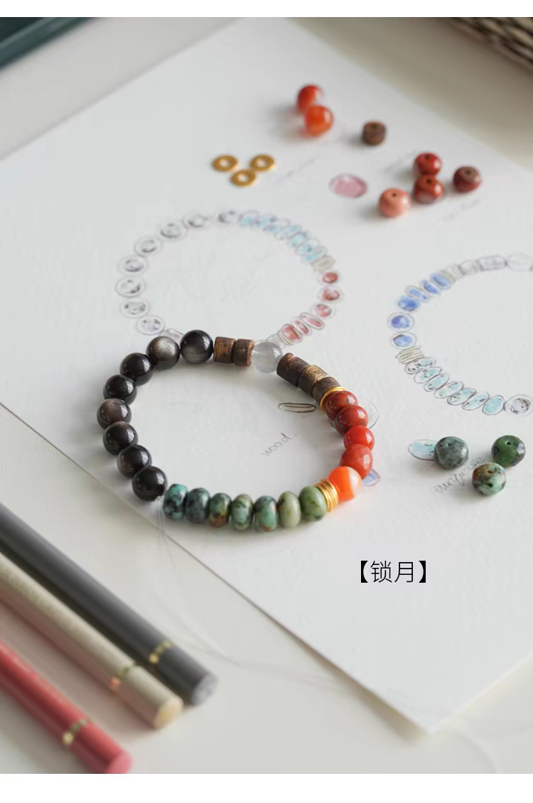 Suǒ Yuè Earth Guardian Bracelet – Black Agate, Green Jasper & Carnelian Mala Beads for Grounding & Vitality