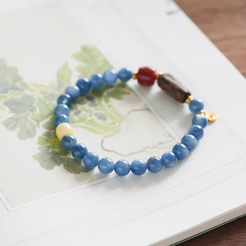 Close-up view of Blue Aventurine and Yellow Jade beads in the natural stone bracelet, with S925 Silver accents for an elegant touch.