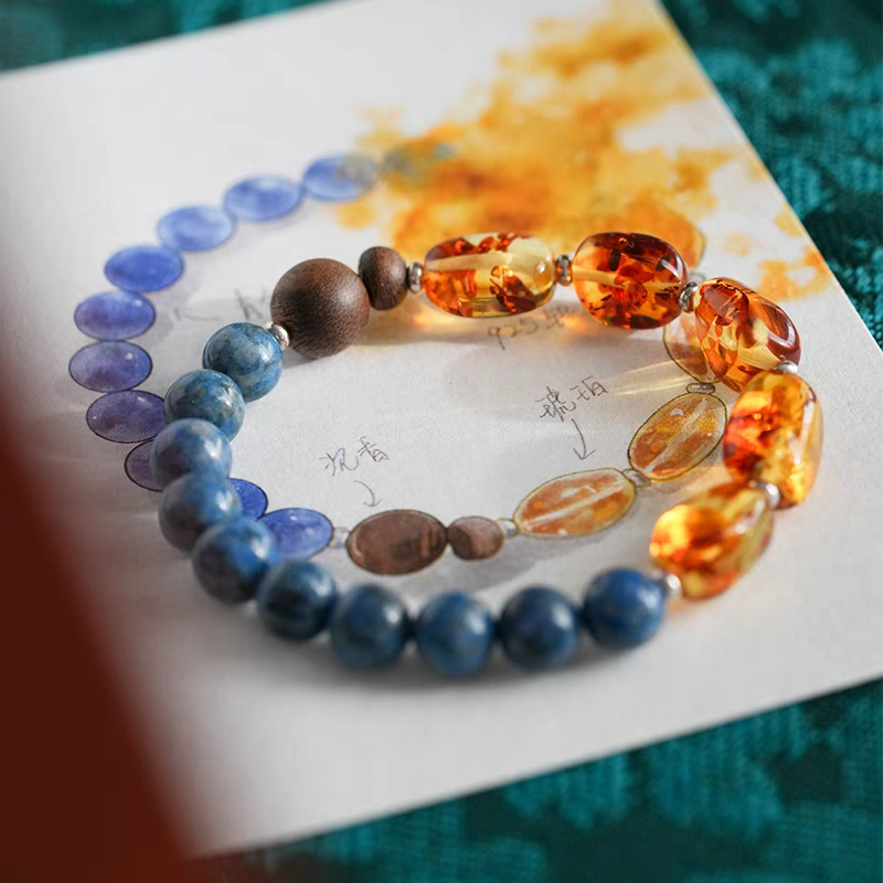 Shí Jī Feng Shui Bracelet – Agarwood, Lapis Lazuli & Amber Mala Beads for Luck, Clarity & Ancient Energy