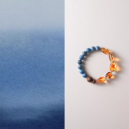 Handmade Blue Crystal, Amber, and Wood Healing Bracelet – Natural gemstone jewelry for balance, clarity, and energy.