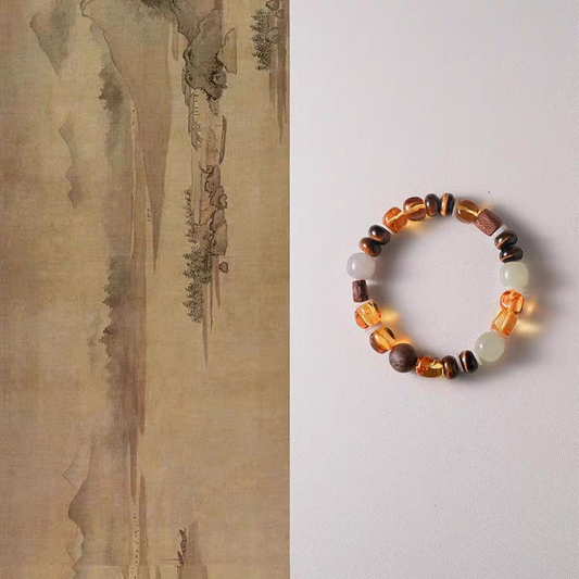 Jiāng Mǎn Harmony Bracelet featuring Hetian Jade, Tiger Eye, Agarwood, and Amber beads for balance and vitality