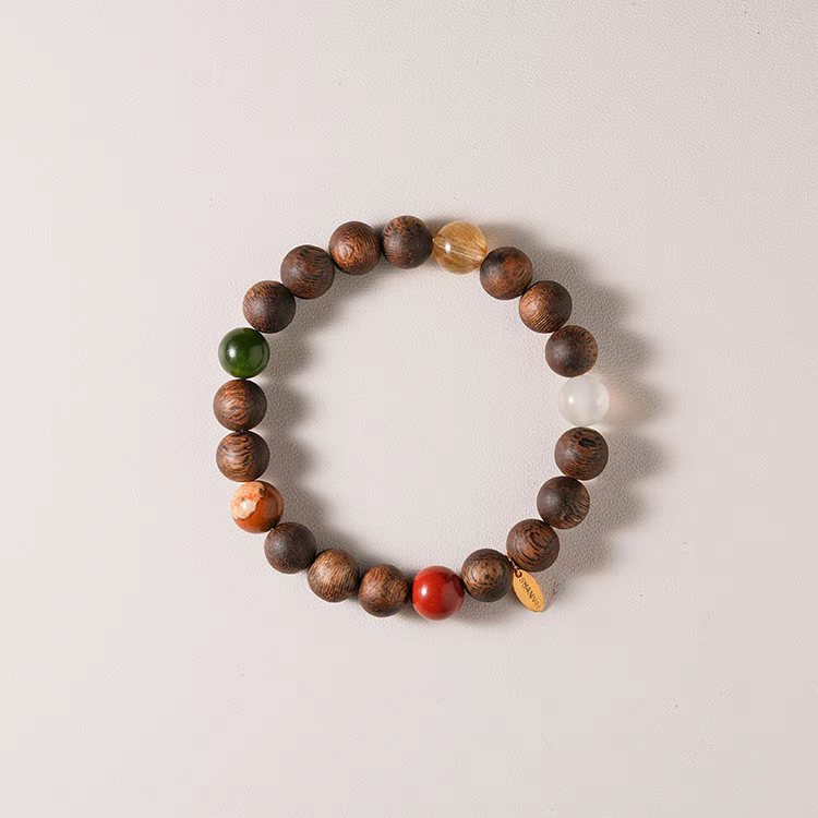 Kūn Líng Earth Spirit Bracelet – Agarwood, Golden Rutilated Quartz & Moonstone Mala Beads for Grounding & Clarity