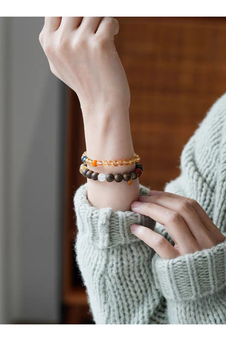 Kunling Natural Gemstone Bracelet Worn on Wrist, Showing Beautiful Wooden and Crystal Beads for Positive Energy