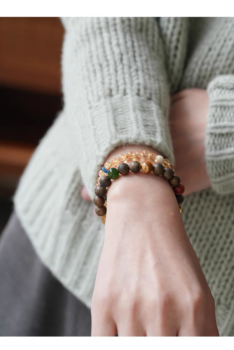 Kunling Natural Gemstone Bracelet Worn on Wrist, Showing Beautiful Wooden and Crystal Beads for Positive Energy