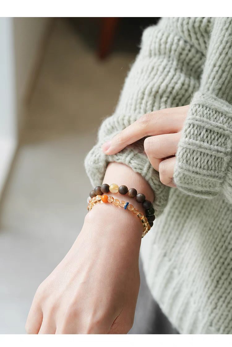 Kunling Natural Gemstone Bracelet Worn on Wrist, Showing Beautiful Wooden and Crystal Beads for Positive Energy