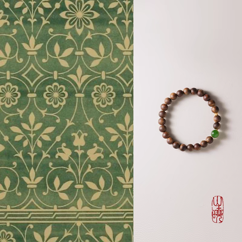 Handmade Qingyan bracelet with natural jade and wooden beads for balance and calm, handcrafted jewelry.