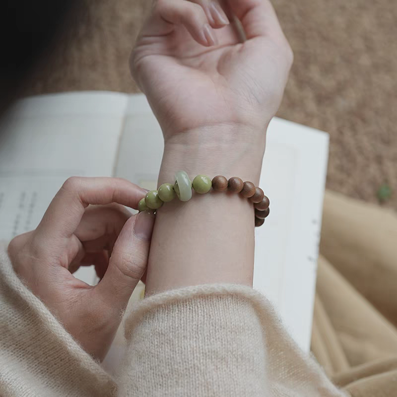 Yanyu Handmade Natural Stone Bracelet – Green Aventurine, Wood & Amber Healing Jewelry