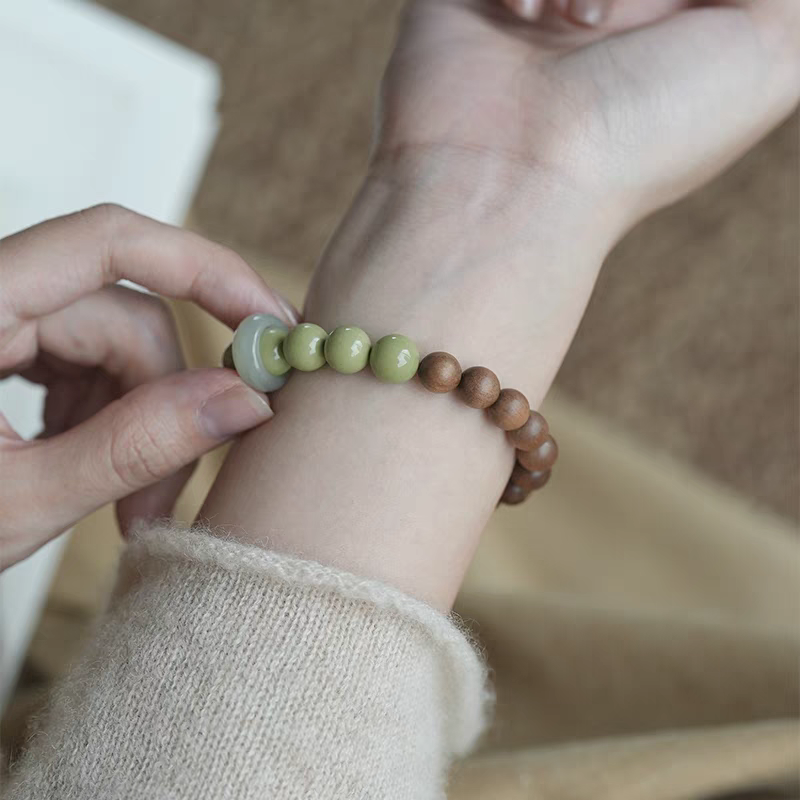 Yanyu Handmade Natural Stone Bracelet – Green Aventurine, Wood & Amber Healing Jewelry