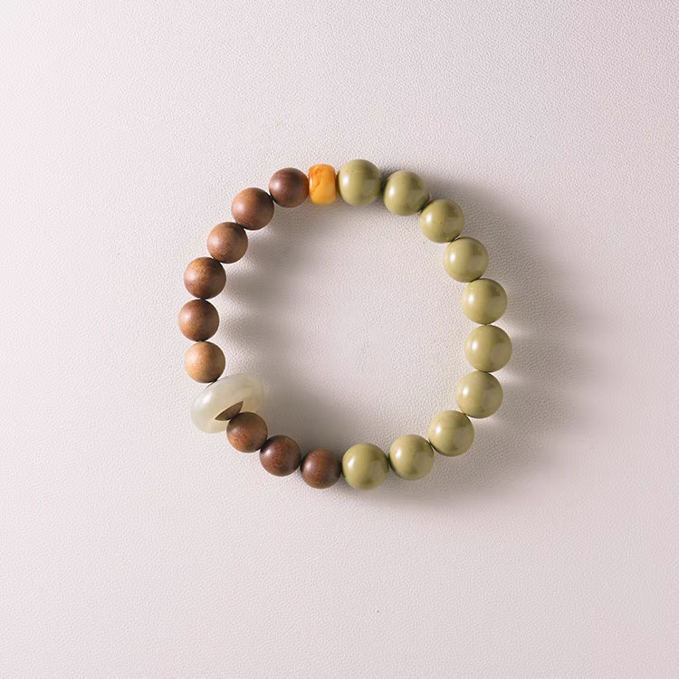 anyan Handmade Natural Stone Bracelet on Page – Unique Green Aventurine and Wood Jewelry with Amber Details