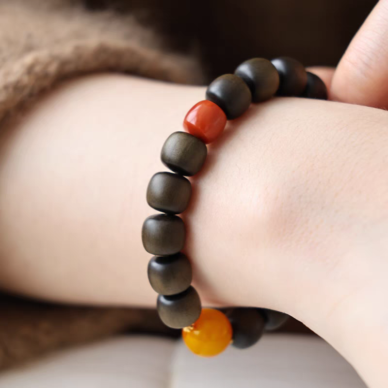 Chanyin Natural Gemstone Healing Bracelet – Black Obsidian and Carnelian with 18k Gold Accents