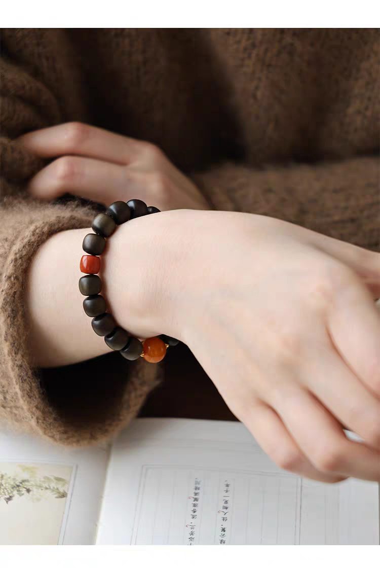 Chanyin natural gemstone bracelet with carnelian and black obsidian beads on a soft floral background.