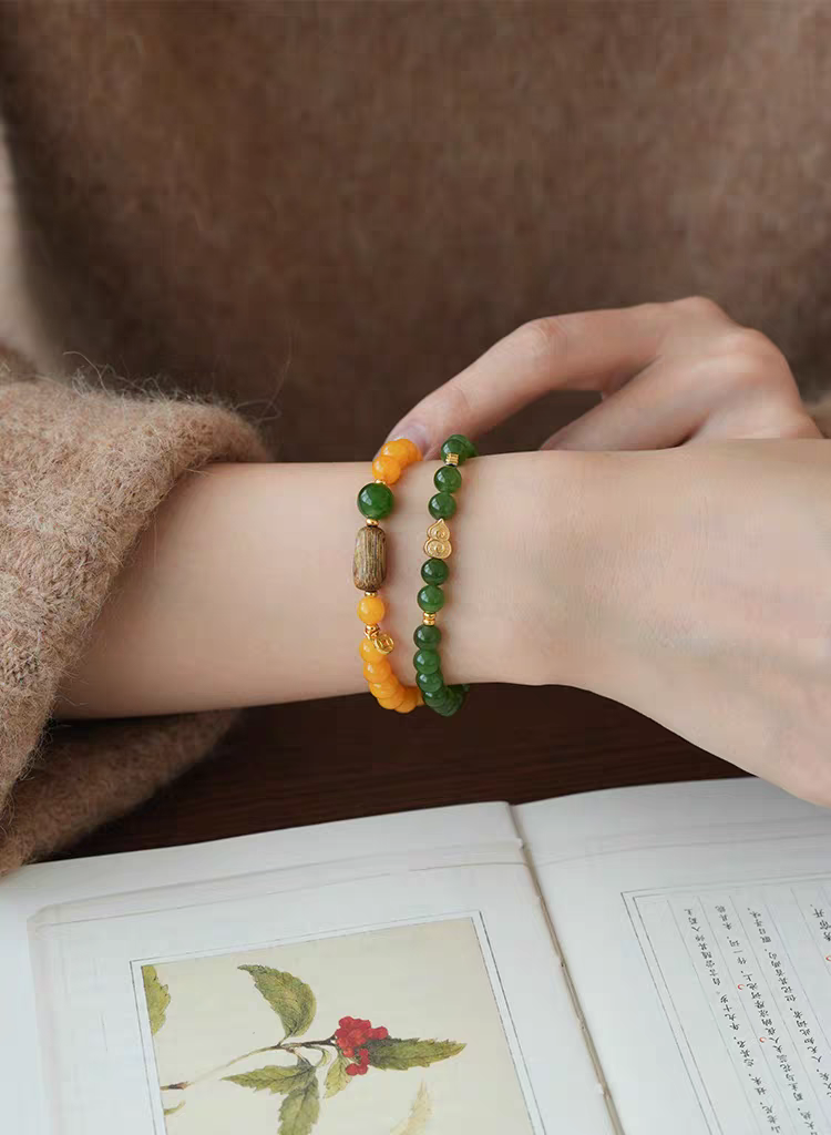 Yanyan Healing Bracelet – Yellow Jade & Green Aventurine with Wooden Element – Natural Gemstone Jewelry