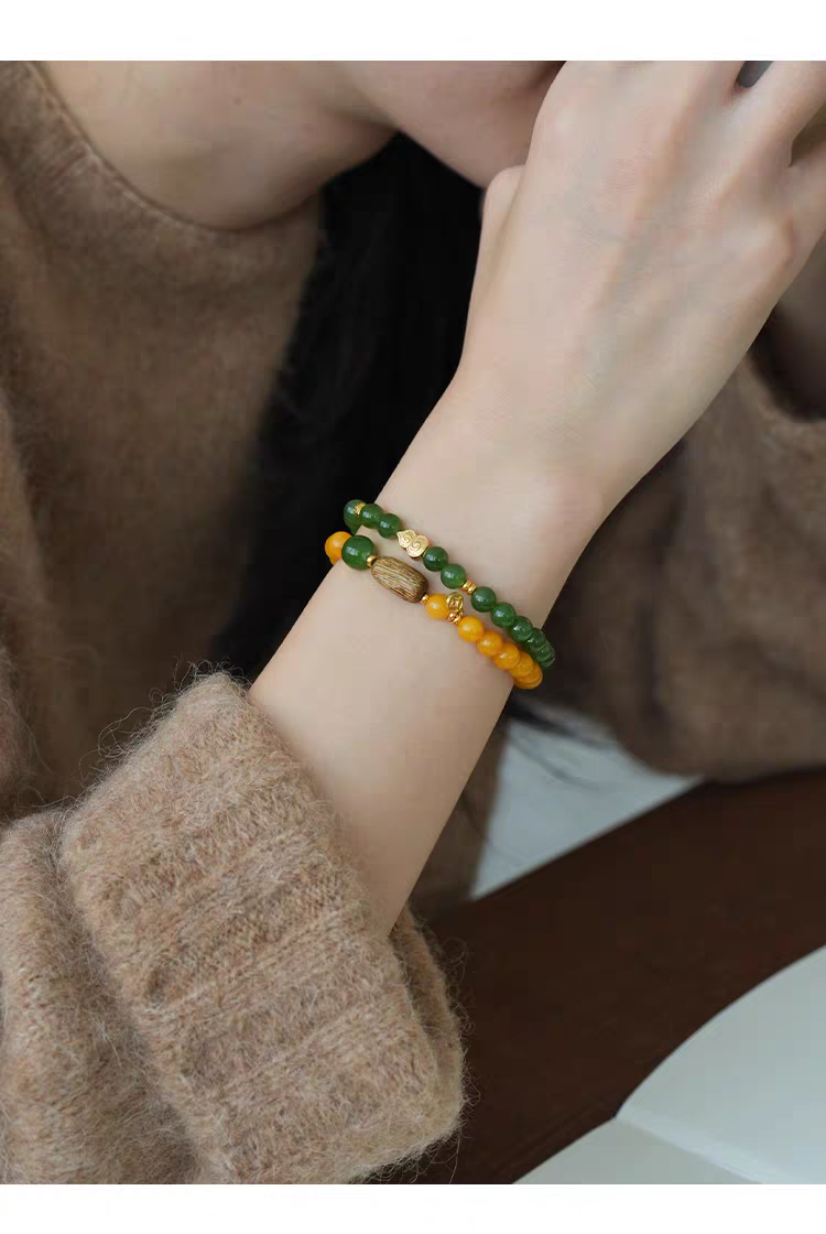 Luoyan Natural Stone Bracelet | Handmade 18k Gold & Green Jade with Sandalwood