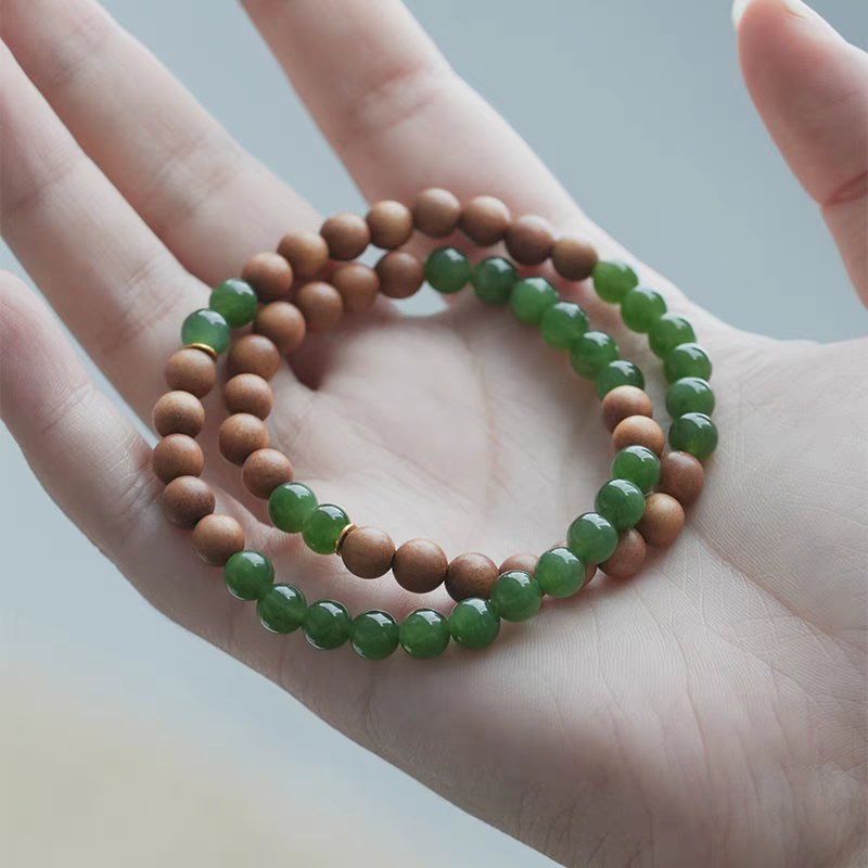 Luoyan Natural Stone Bracelet | Handmade 18k Gold & Green Jade with Sandalwood