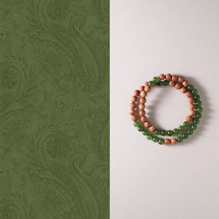 Luoyan Natural Stone Bracelet with green jade and sandalwood beads featuring 18k gold accents, handmade design